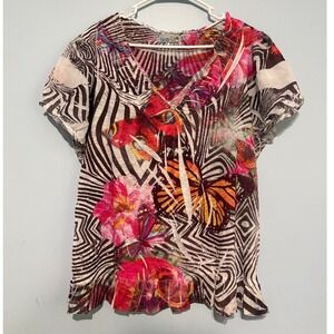 Unity World Wear Woman Blouse 2X Zebra Butterfly Floral Ruffle Hem V-Neck Top